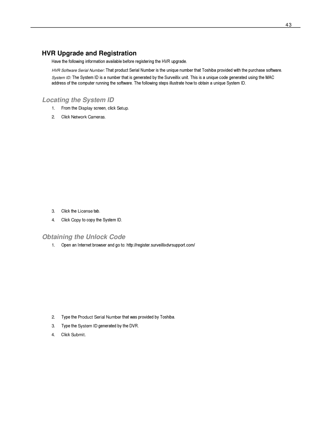 Toshiba HVS16-480-X HVR Upgrade and Registration, Locating the System ID, Obtaining the Unlock Code, Click Network Cameras 