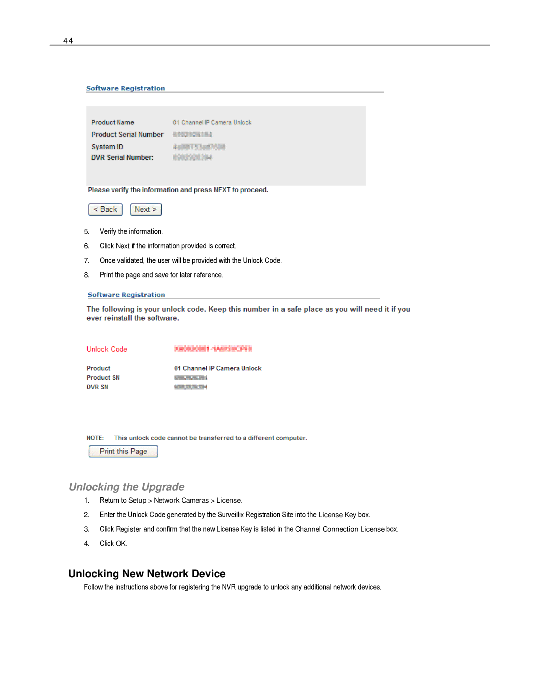 Toshiba DVS8-240-X user manual Unlocking the Upgrade, Unlocking New Network Device, Return to Setup Network Cameras License 