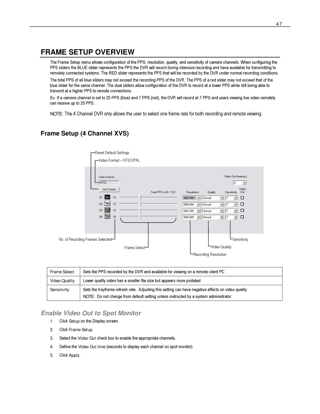 Toshiba DVS16-480-X Frame Setup Overview, Frame Setup 4 Channel XVS, Enable Video Out to Spot Monitor, Click Frame Setup 