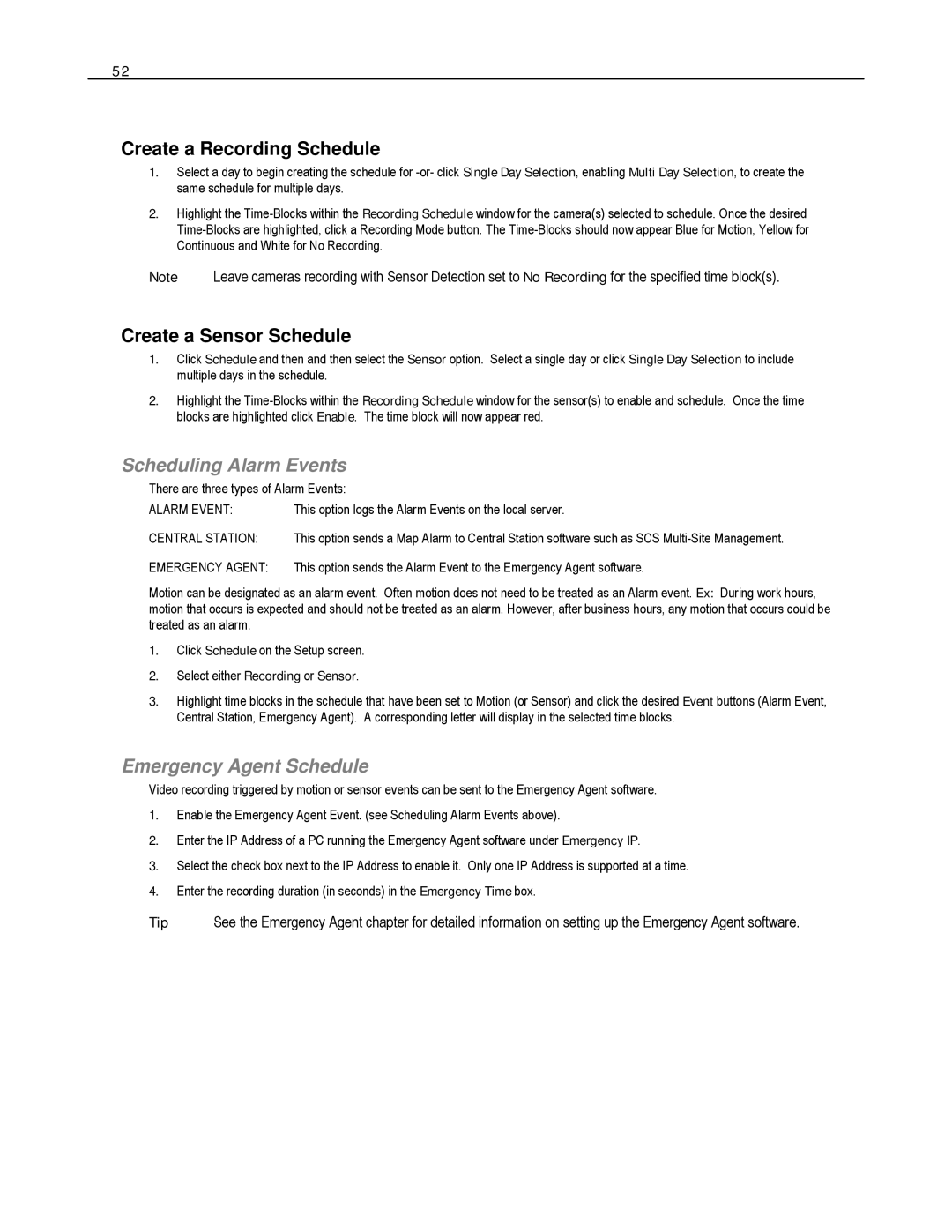 Toshiba XVS16-240-X, HVS32-480-X, XVS4-120-X Create a Recording Schedule, Create a Sensor Schedule, Scheduling Alarm Events 