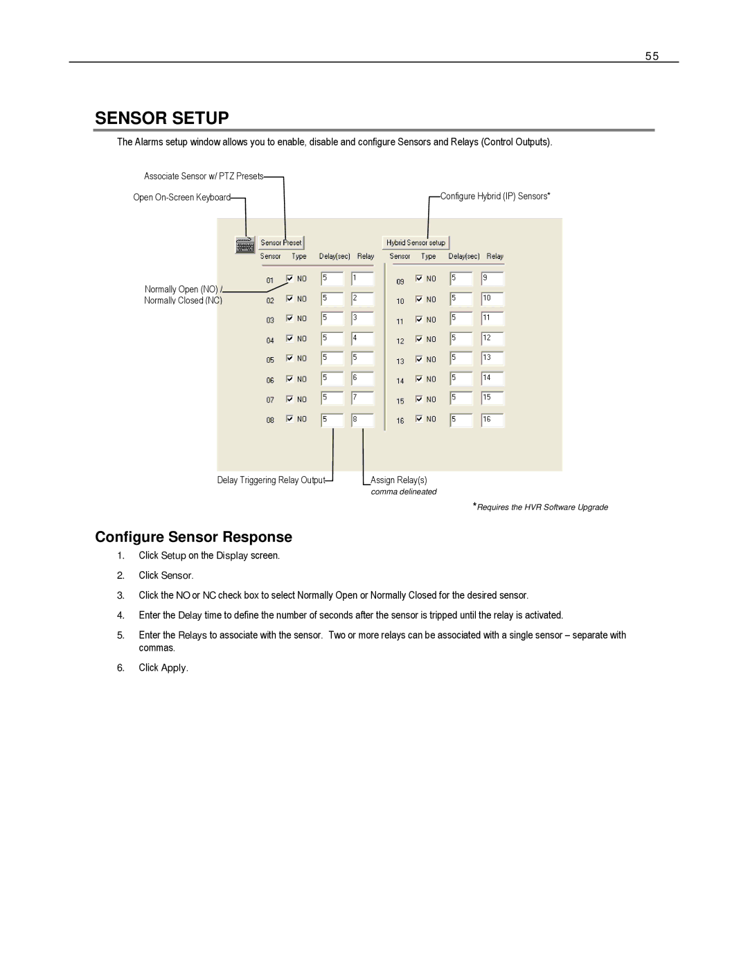 Toshiba HVS32-240-X, HVS32-480-X, XVS4-120-X, XVS16-240-X, XVS16-240V-X, HVS16-480H-X Sensor Setup, Configure Sensor Response 