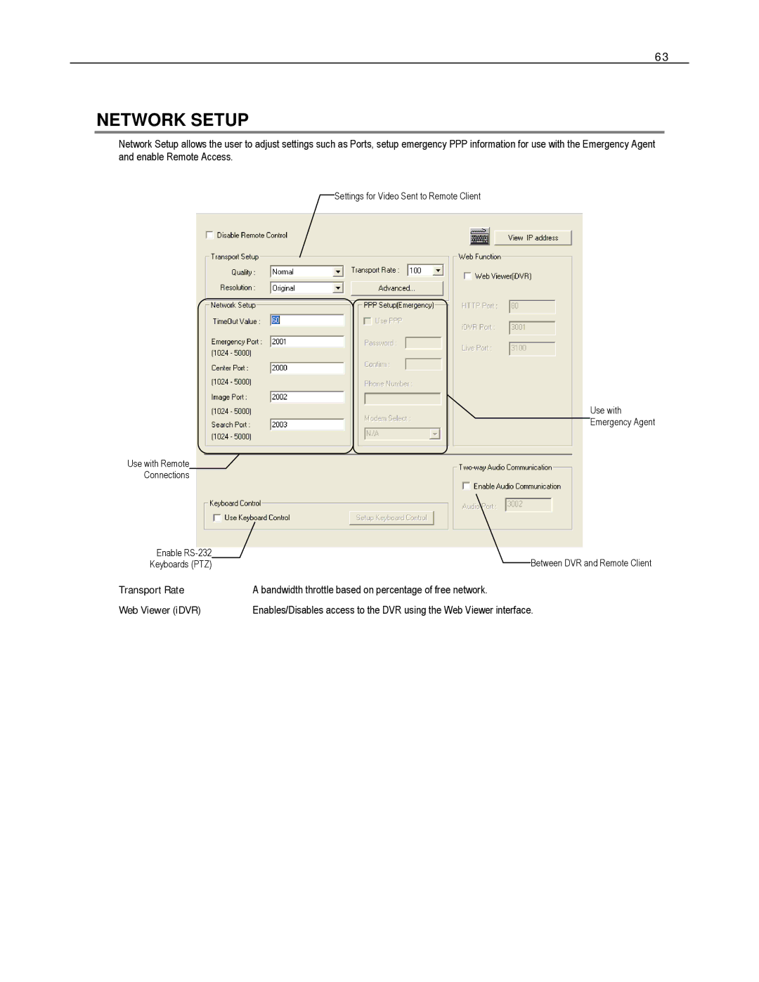 Toshiba DVS32-480-X, HVS32-480-X, XVS4-120-X, XVS16-240-X, XVS16-240V-X Network Setup, Transport Rate, Web Viewer iDVR 