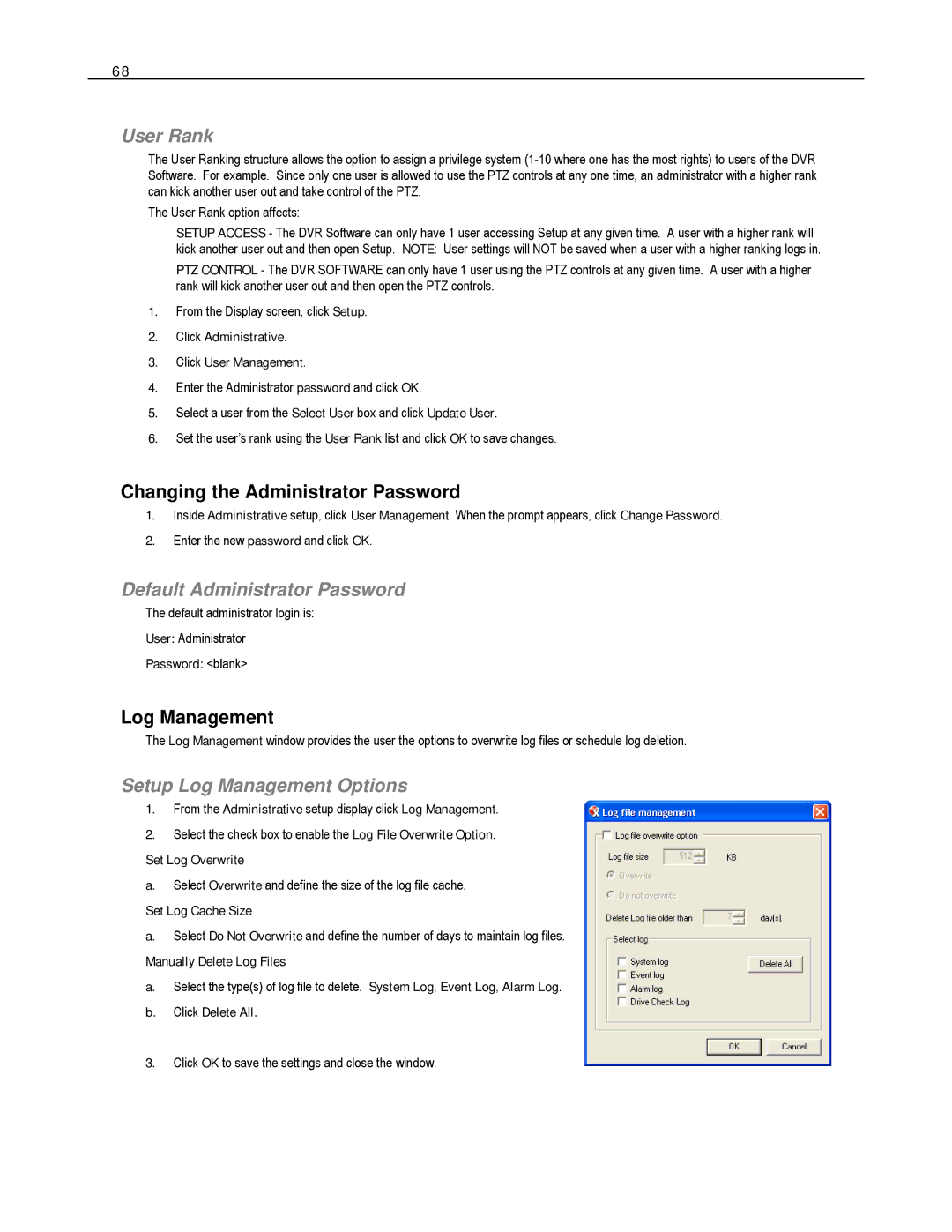 Toshiba HVS16-480H-X User Rank, Changing the Administrator Password, Default Administrator Password, Log Management 