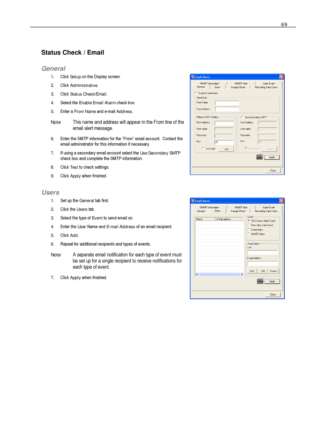 Toshiba HVS32-240-X, HVS32-480-X Status Check / Email, General, Users, Click Administrative Click Status Check/Email 