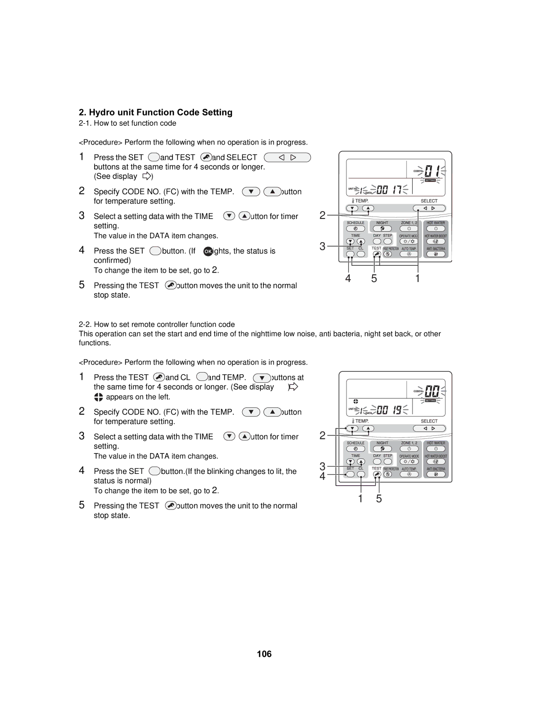 Toshiba HWS-1402XWHT6-E, HWS-802XWHT6-E, HWS-802H-E, HWS-802XWHM3-E, HWS-1402H-E Hydro unit Function Code Setting, 106 