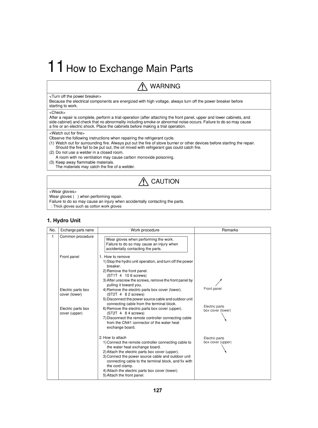 Toshiba HWS-1402XWHM3-E 11How to Exchange Main Parts, Hydro Unit, 127, Work procedure Remarks, Exchange parts name 