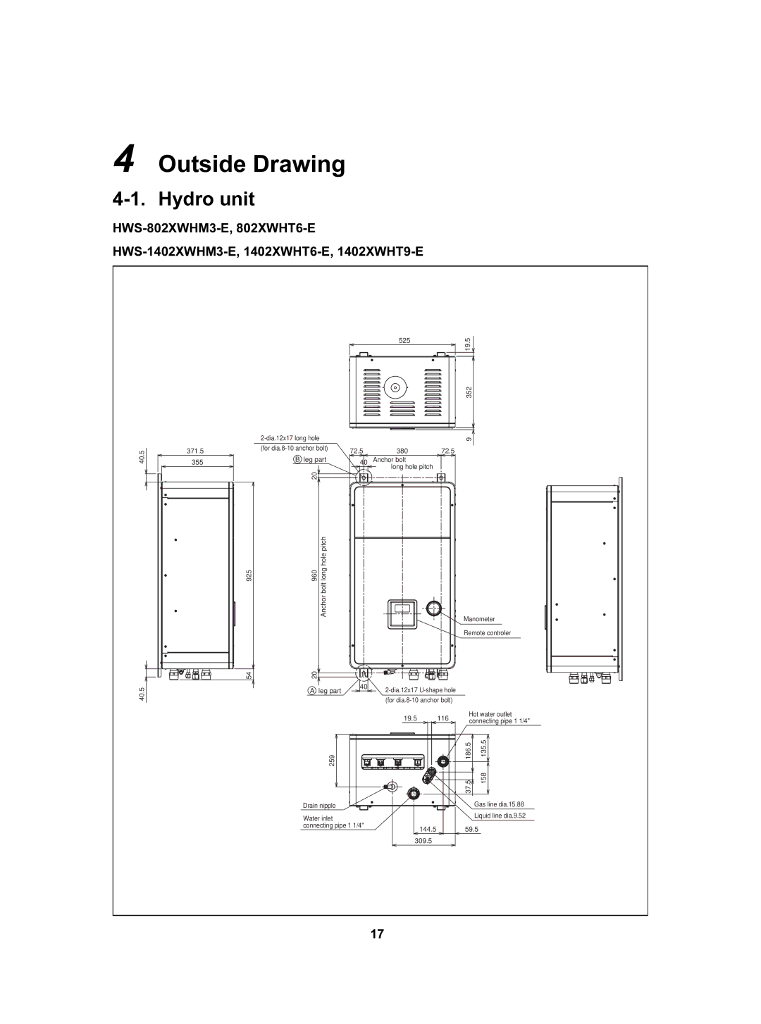 Toshiba HWS-1402XWHM3-E, HWS-802XWHT6-E, HWS-802H-E, HWS-802XWHM3-E, HWS-3001CSHM3-E(-UK) Outside Drawing, Hydro unit 