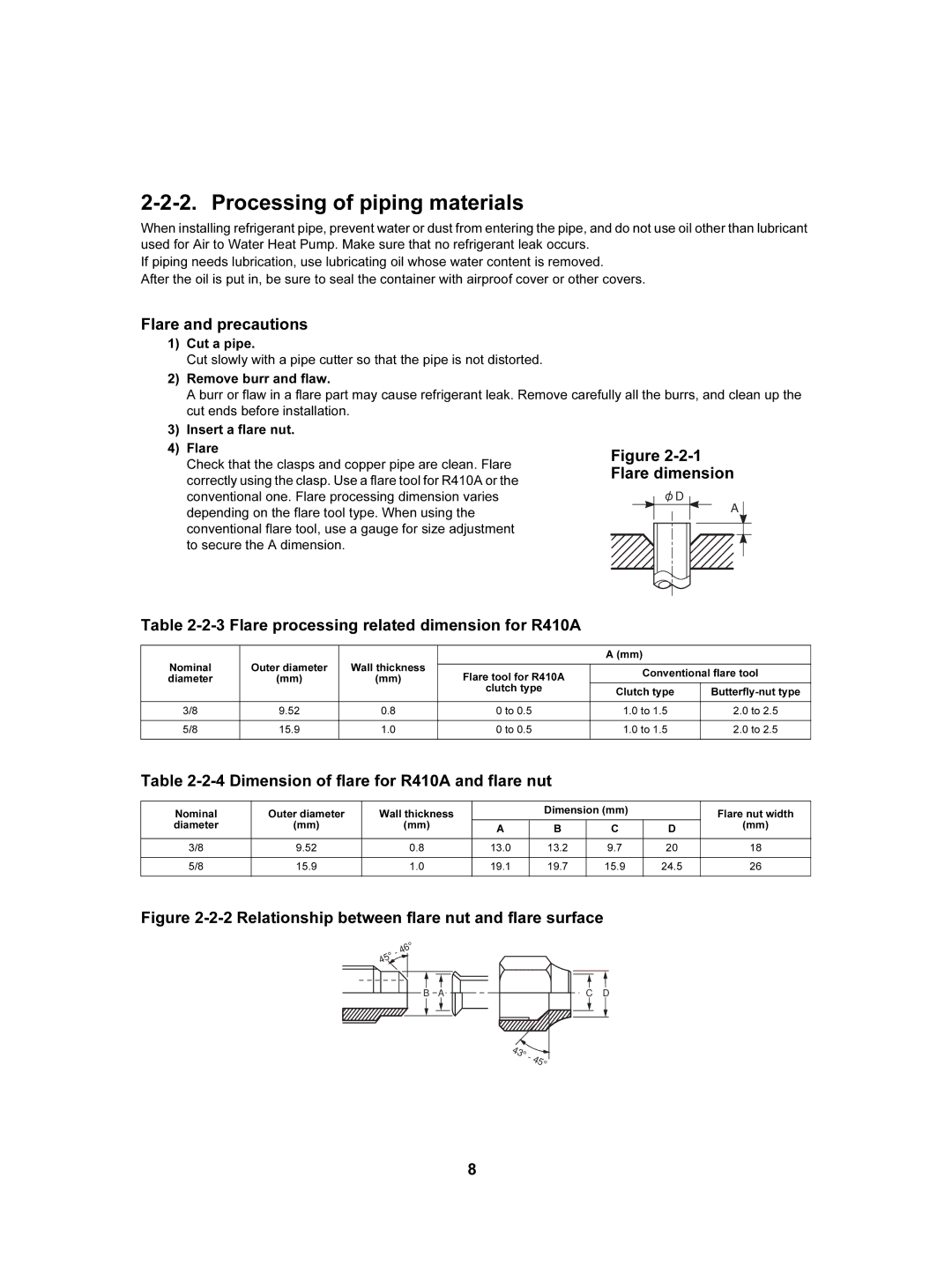 Toshiba HWS-1402XWHT9-E, HWS-802XWHT6-E, HWS-802H-E Processing of piping materials, Flare and precautions, Flare dimension 