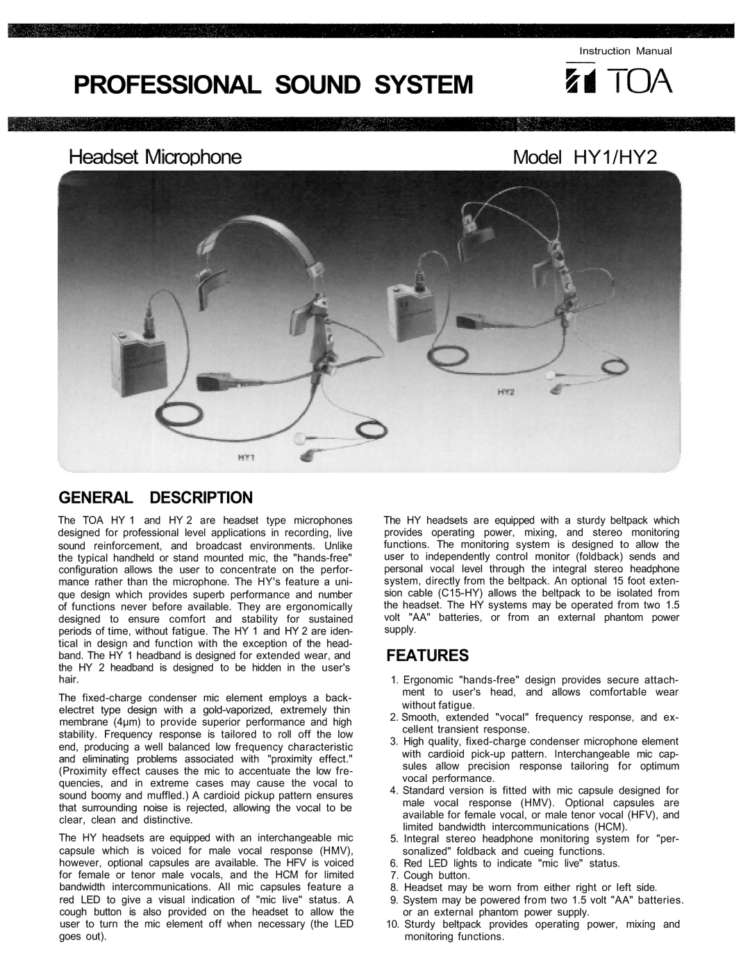 Toshiba HY1 instruction manual Professional Sound System 