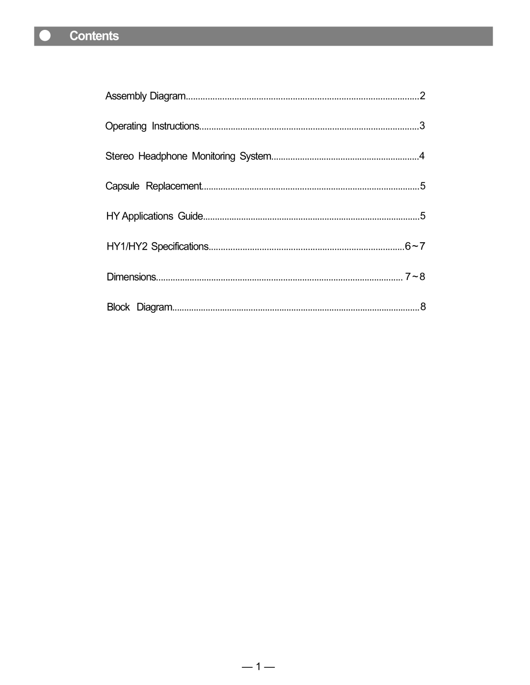 Toshiba HY1 instruction manual Contents 