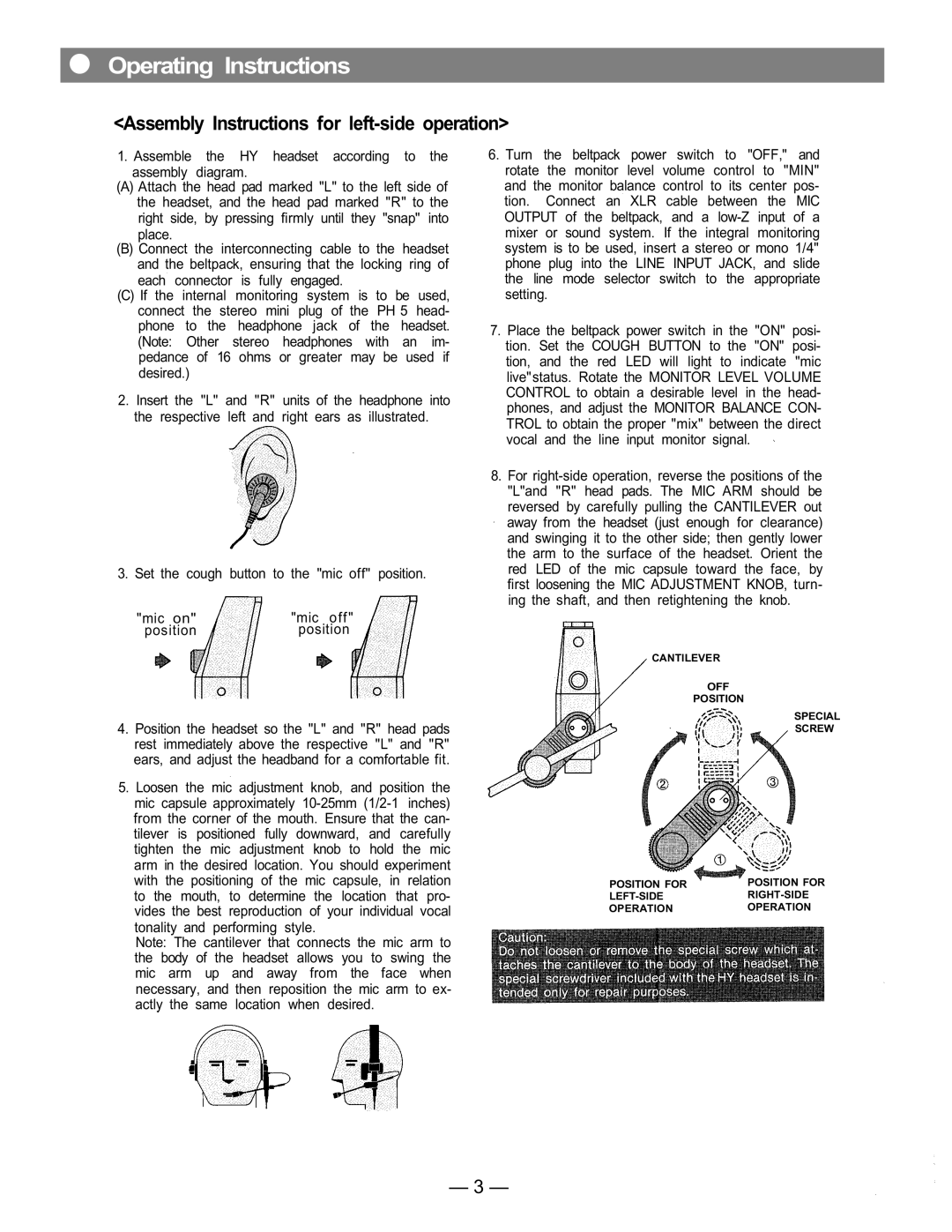 Toshiba HY1 instruction manual Operating Instructions, Assembly Instructions for left-side operation 