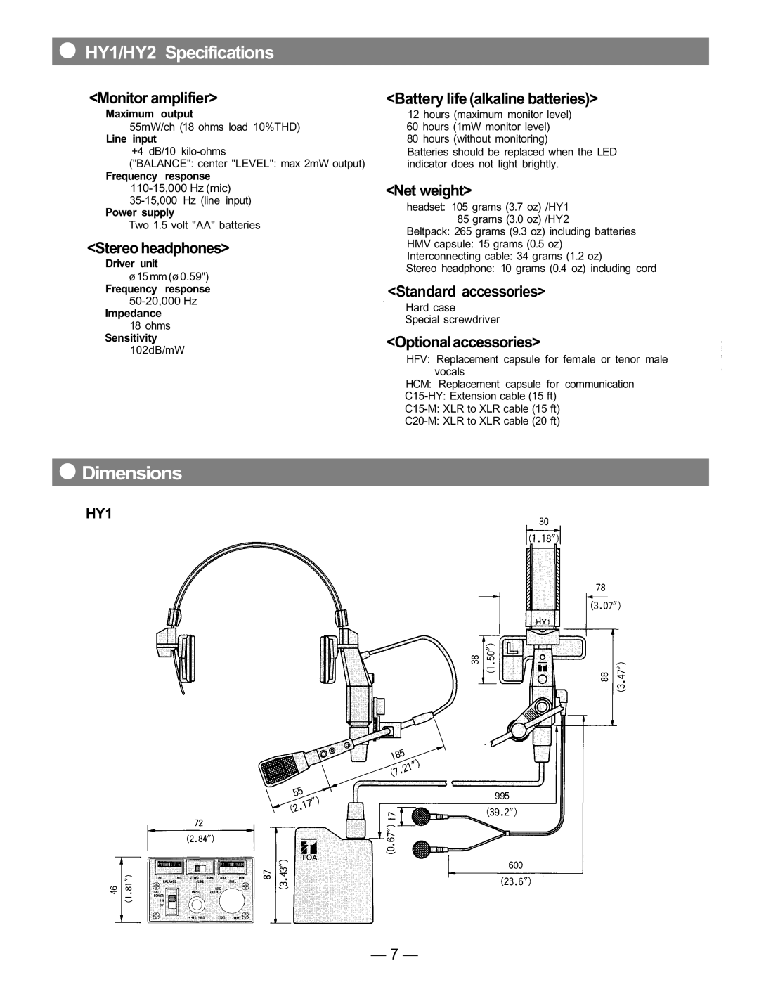 Toshiba instruction manual Dimensions, HY1/HY2 Specifications 