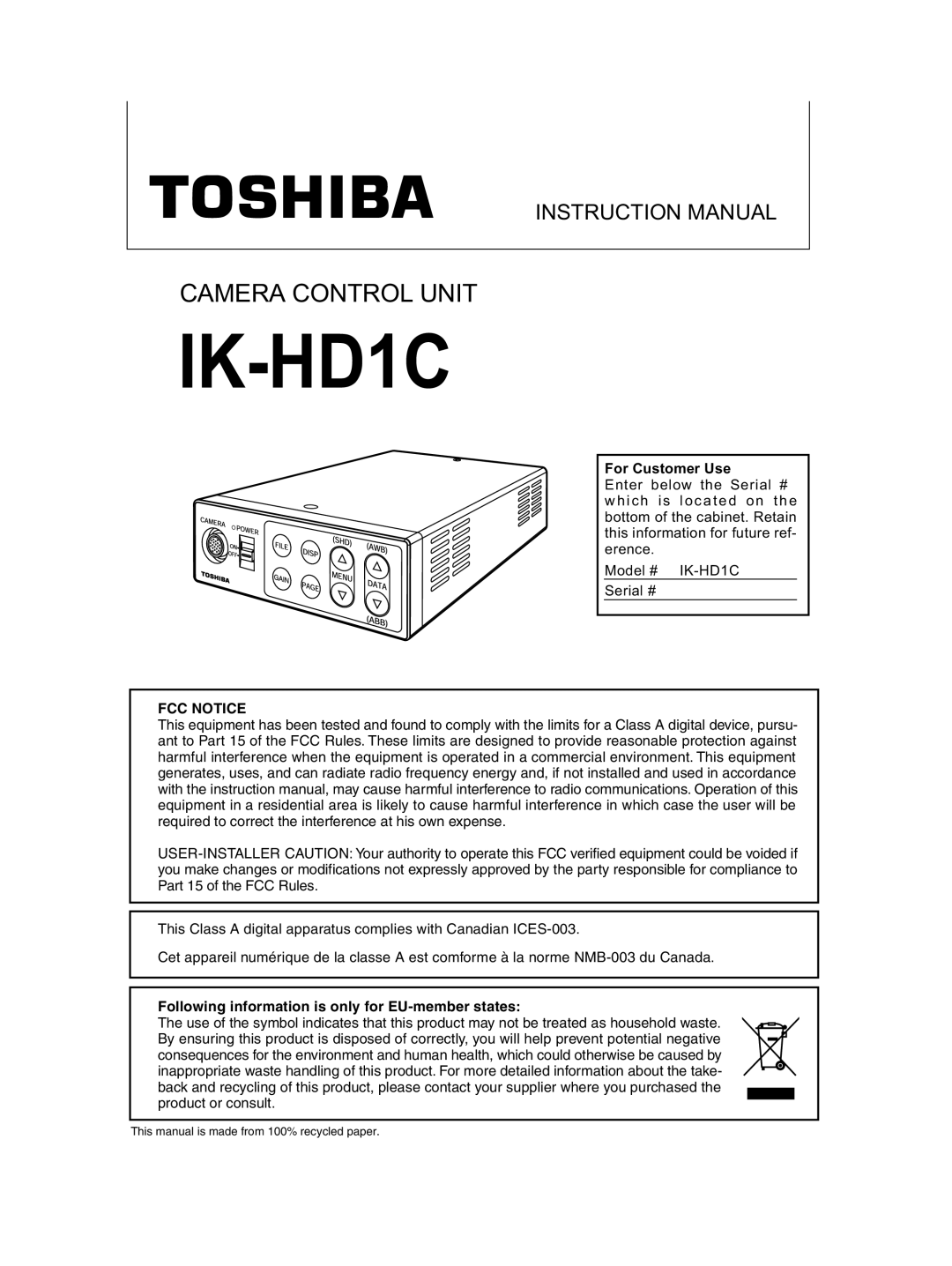 Toshiba IK - HD1C instruction manual IK-HD1C 