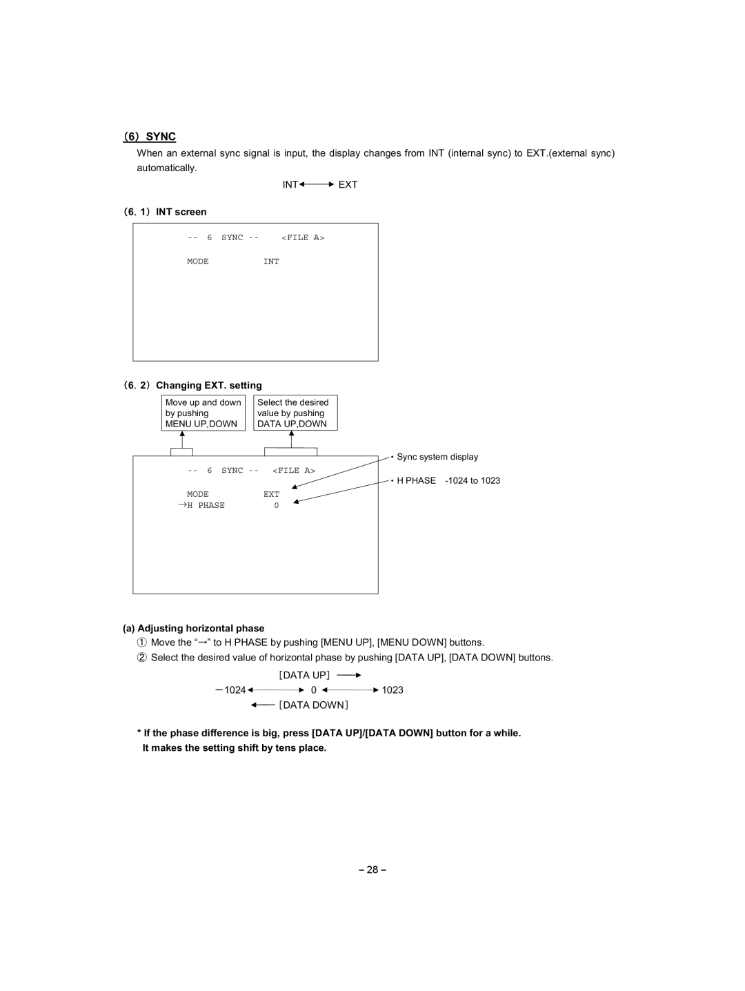 Toshiba IK - HD1C instruction manual 䋨6䋩 Sync, 䋨6䋮1䋩 INT screen, 䋨6䋮2䋩 Changing EXT. setting, Adjusting horizontal phase 