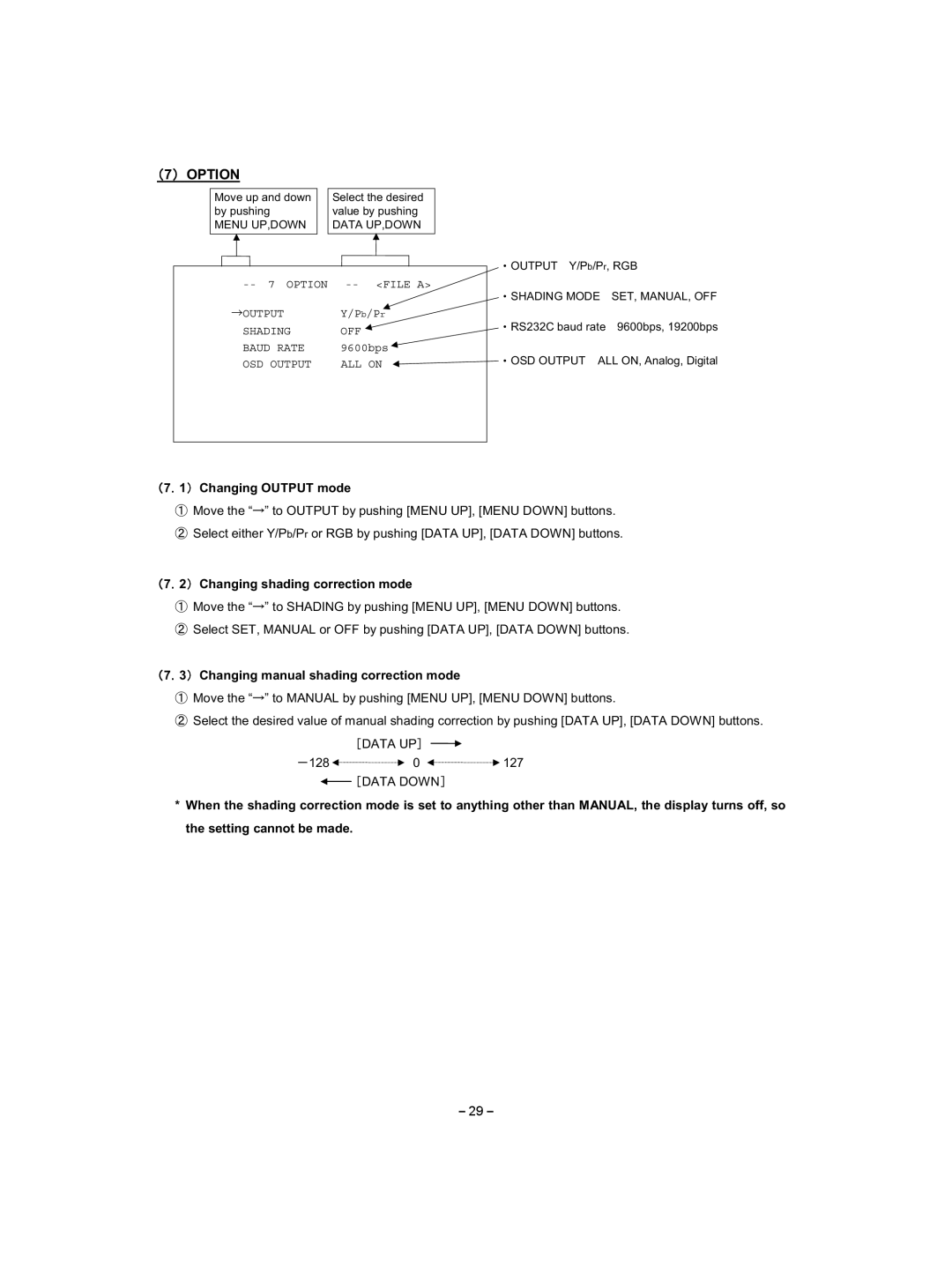 Toshiba IK - HD1C instruction manual 䋨7䋩 Option, 䋨7䋮1䋩 Changing Output mode, 䋨7䋮2䋩 Changing shading correction mode 