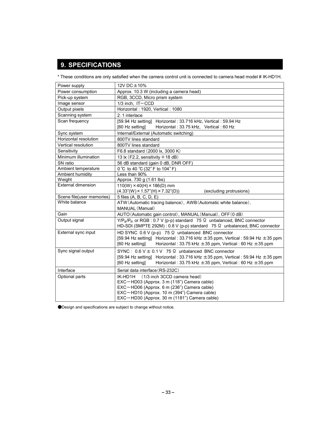 Toshiba IK - HD1C instruction manual Specifications, Ccd 