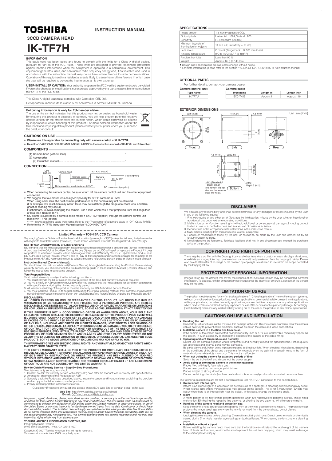 Toshiba IK - TF7H specifications Disclaimer, Copyright and Right of Portrait, Protection of Personal Information 