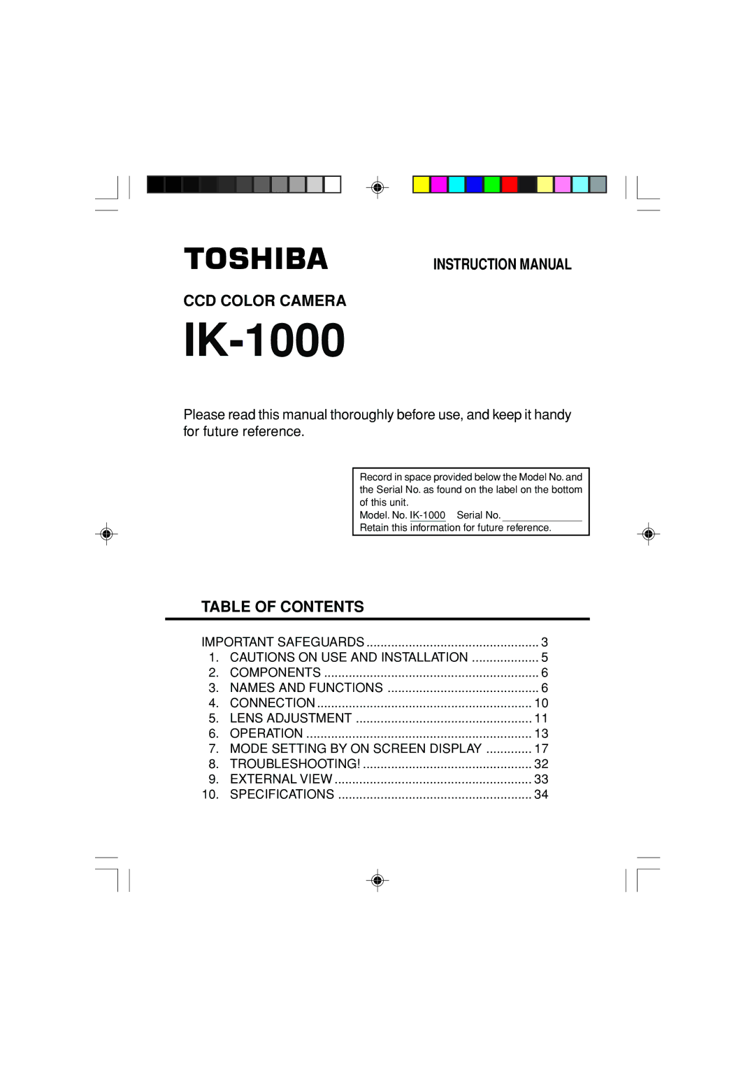 Toshiba IK-1000 instruction manual CCD Color Camera, Table of Contents 