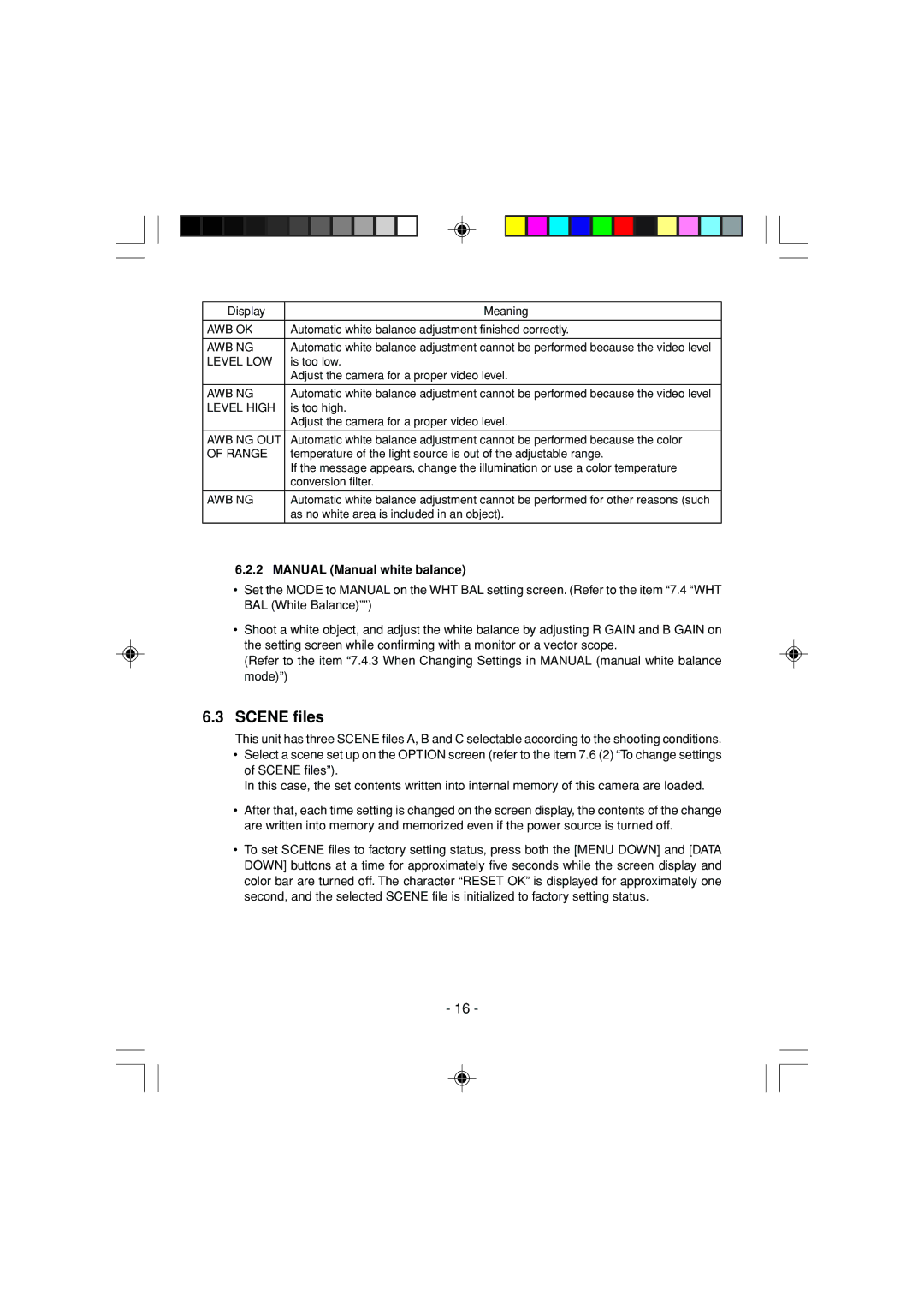 Toshiba IK-1000 instruction manual Scene files, Manual Manual white balance 