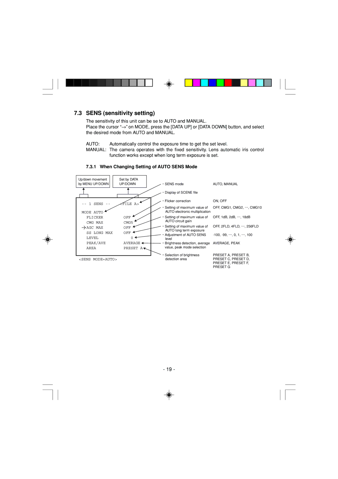 Toshiba IK-1000 instruction manual Sens sensitivity setting, When Changing Setting of Auto Sens Mode 