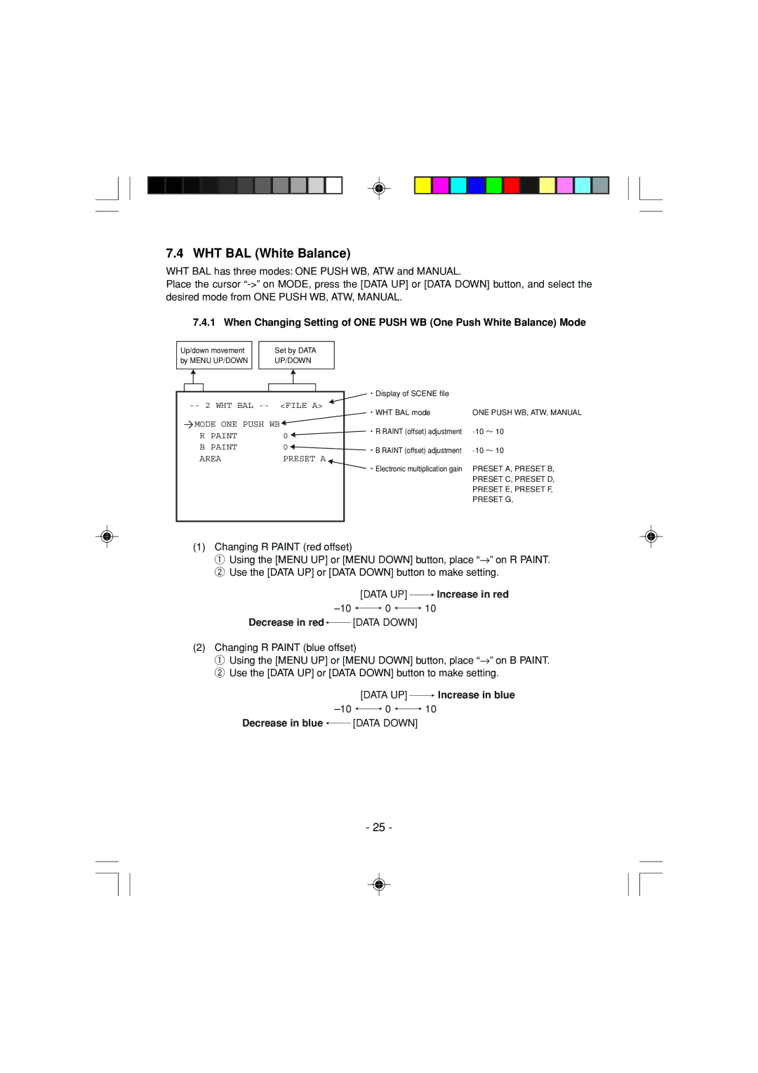 Toshiba IK-1000 WHT BAL White Balance, Data UP Increase in red, Decrease in red Data Down, Data UP Increase in blue 