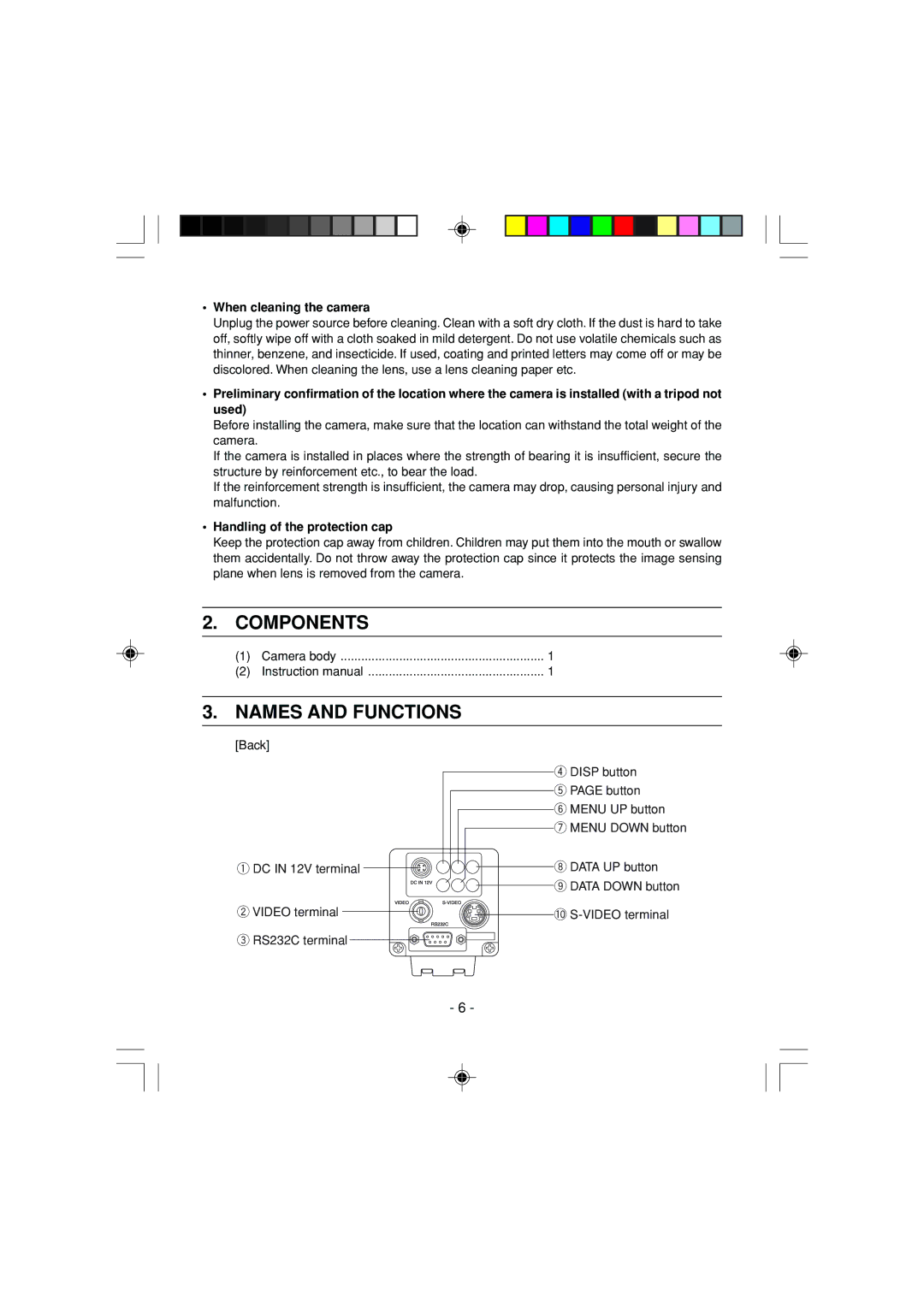 Toshiba IK-1000 Components, Names and Functions, When cleaning the camera, Handling of the protection cap 