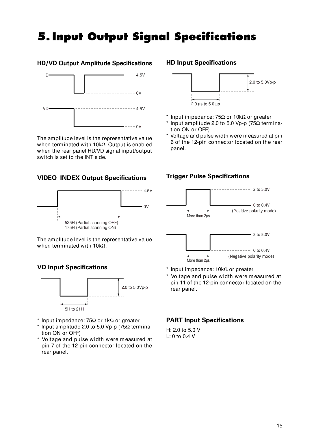 Toshiba IK-53V HD/VD Output Amplitude Specifications, HD Input Specifications, Video Index Output Specifications 