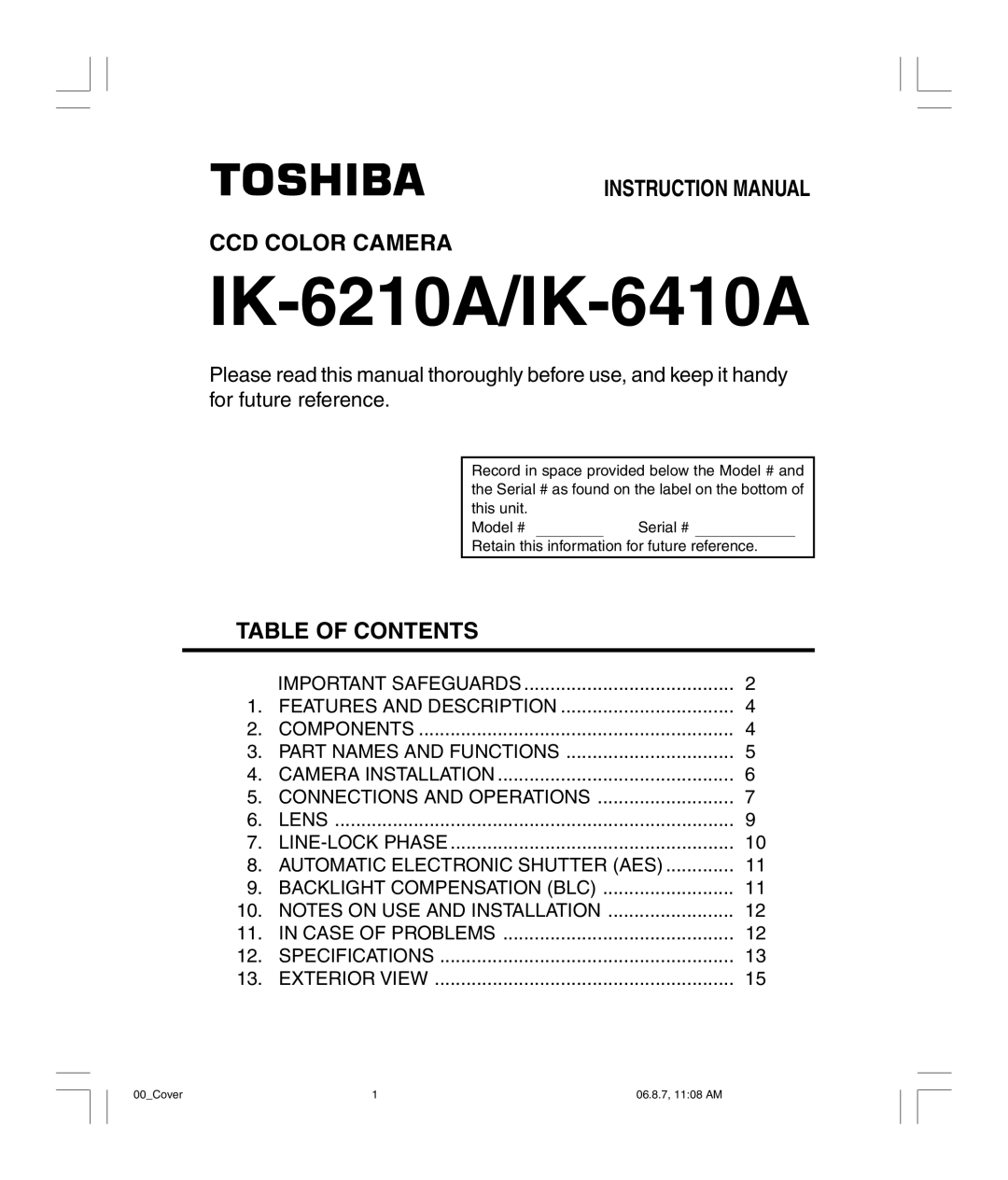 Toshiba IK-6410A, IK-6210A instruction manual CCD Color Camera, Table of Contents 