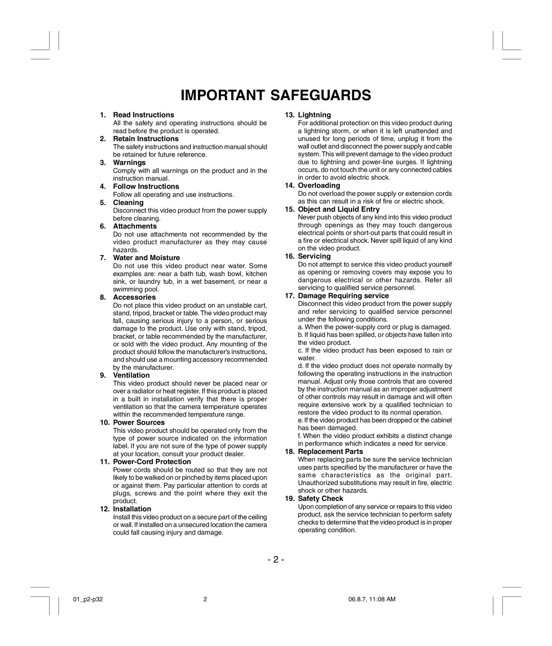 Toshiba IK-6210A, IK-6410A instruction manual Important Safeguards 