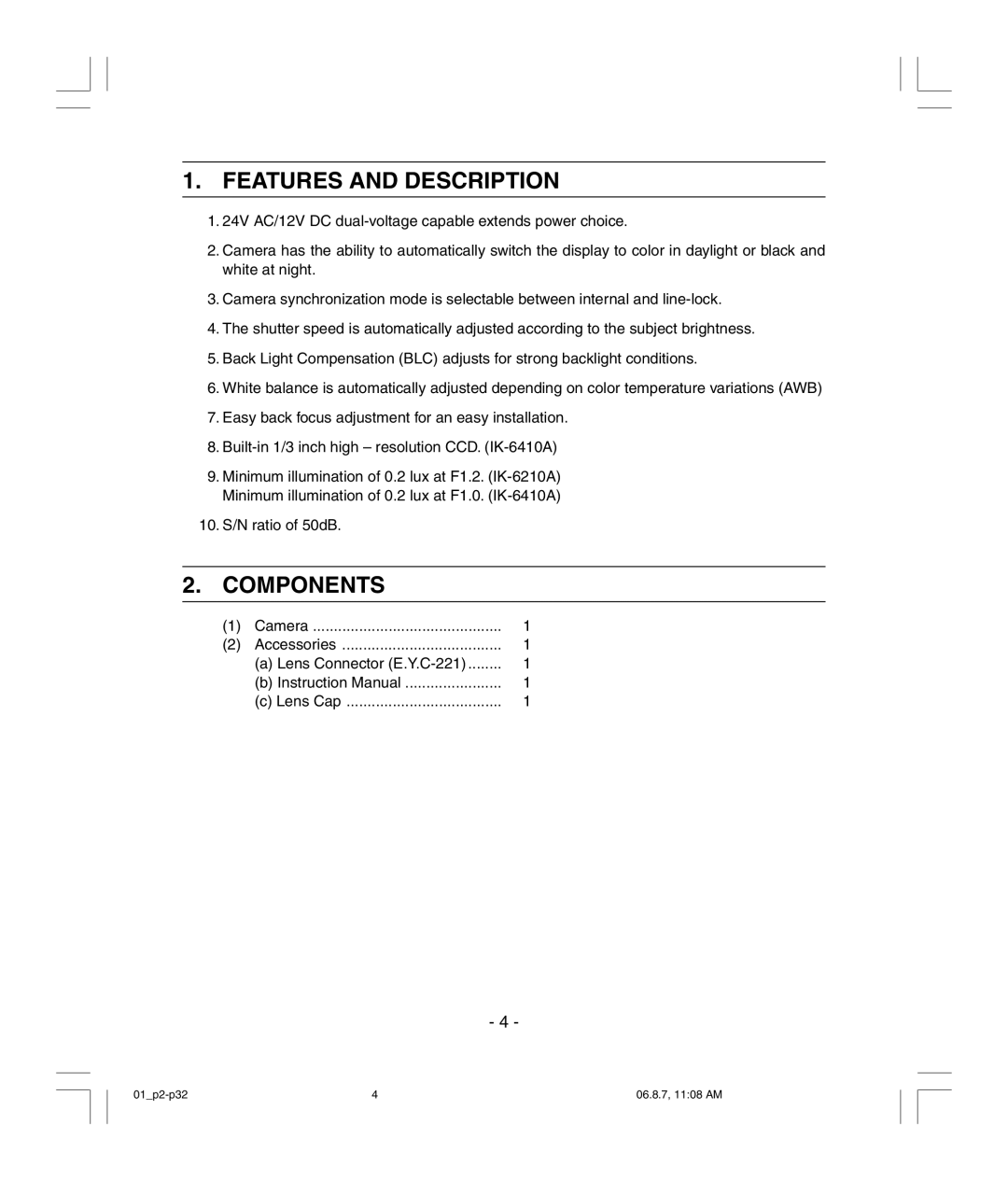 Toshiba IK-6210A, IK-6410A instruction manual Features and Description, Components 