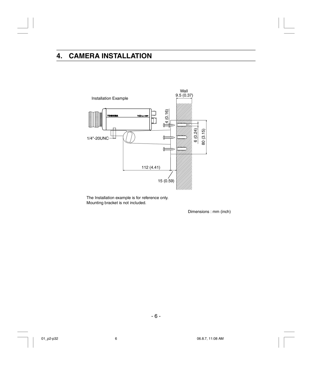 Toshiba IK-6210A, IK-6410A instruction manual Camera Installation 