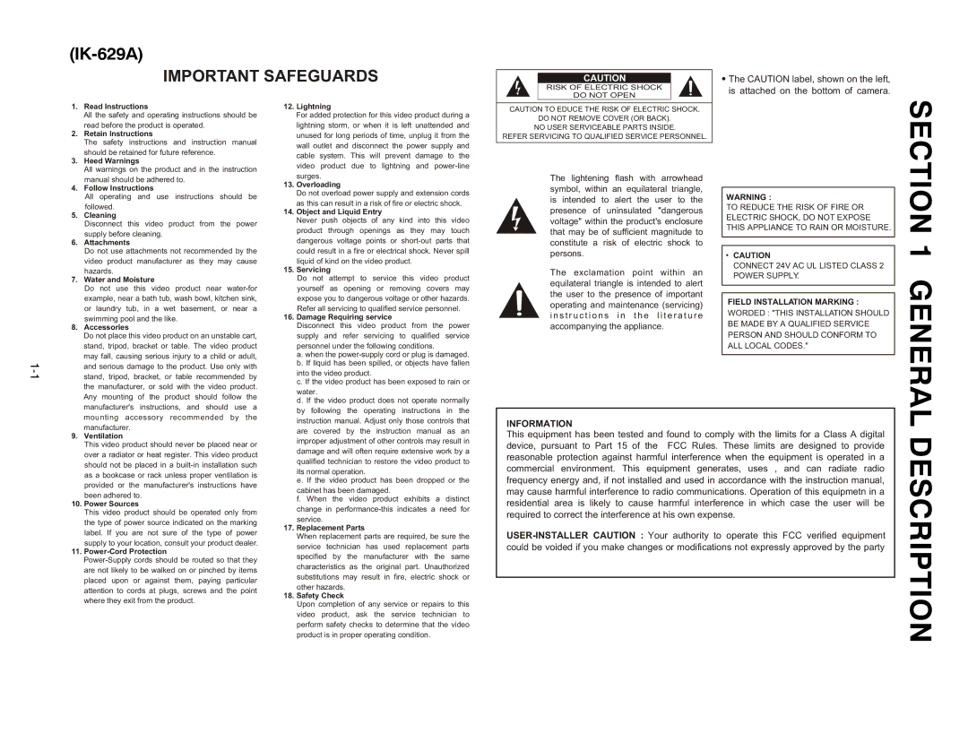 Toshiba IK-629A manual Important Safeguards 