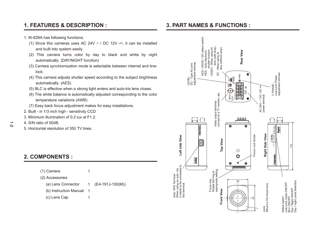 Toshiba IK-629A manual Features & Description Part Names & Functions, Components 