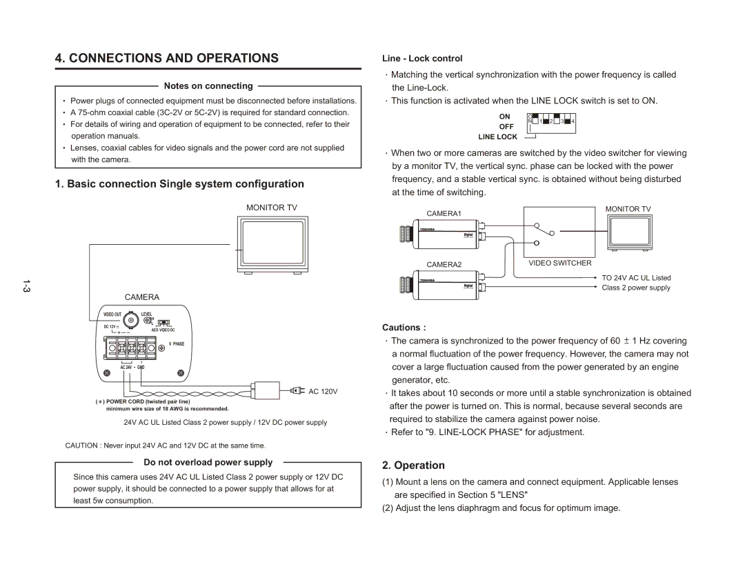 Toshiba IK-629A manual Connections and Operations, Basic connection Single system configuration, Line Lock control 