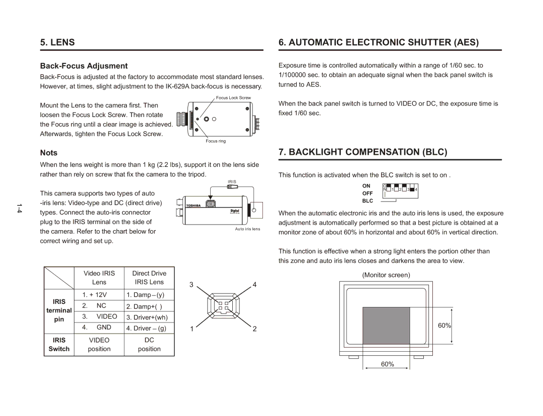 Toshiba IK-629A manual Lens, Automatic Electronic Shutter AES, Backlight Compensation BLC, Back-Focus Adjusment, Nots 