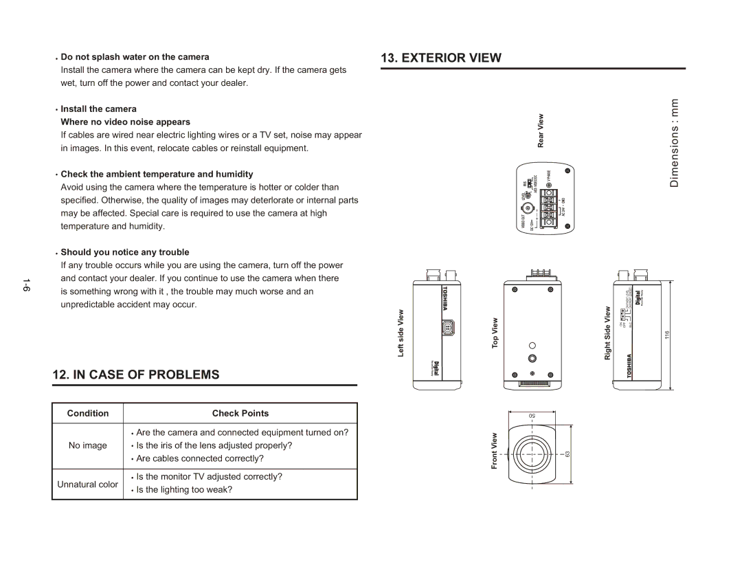 Toshiba IK-629A manual Exterior View, Case of Problems, Dimensions mm 