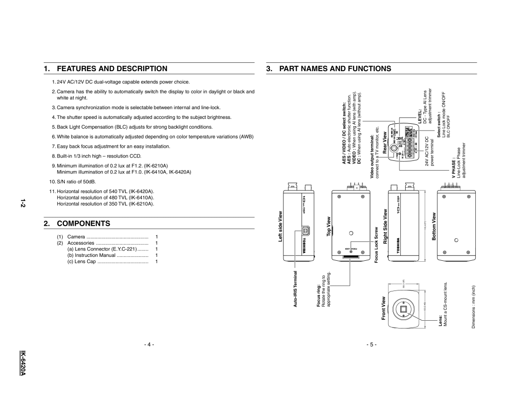 Toshiba IK-6420A1-1 user service Features and Description, Part Names and Functions, Components 