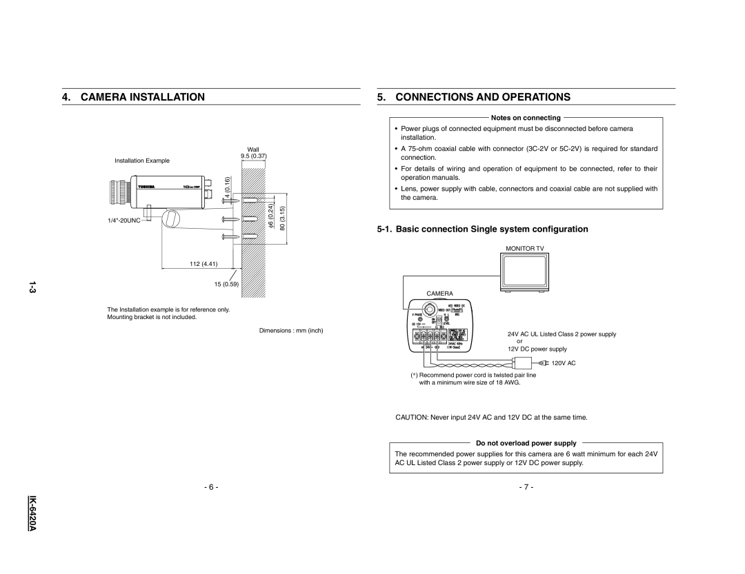 Toshiba IK-6420A1-1 Camera Installation Connections and Operations, Basic connection Single system configuration 