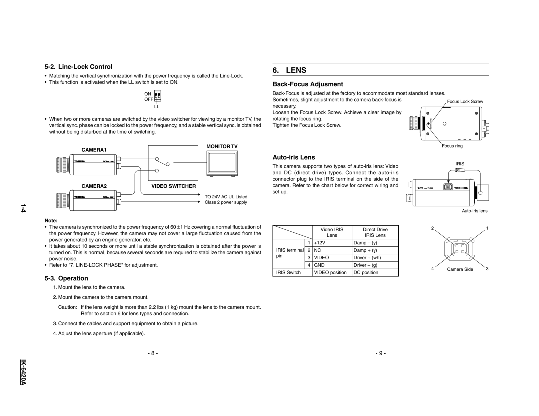 Toshiba IK-6420A1-1 user service Line-Lock Control, Back-Focus Adjusment, Auto-iris Lens, Operation 