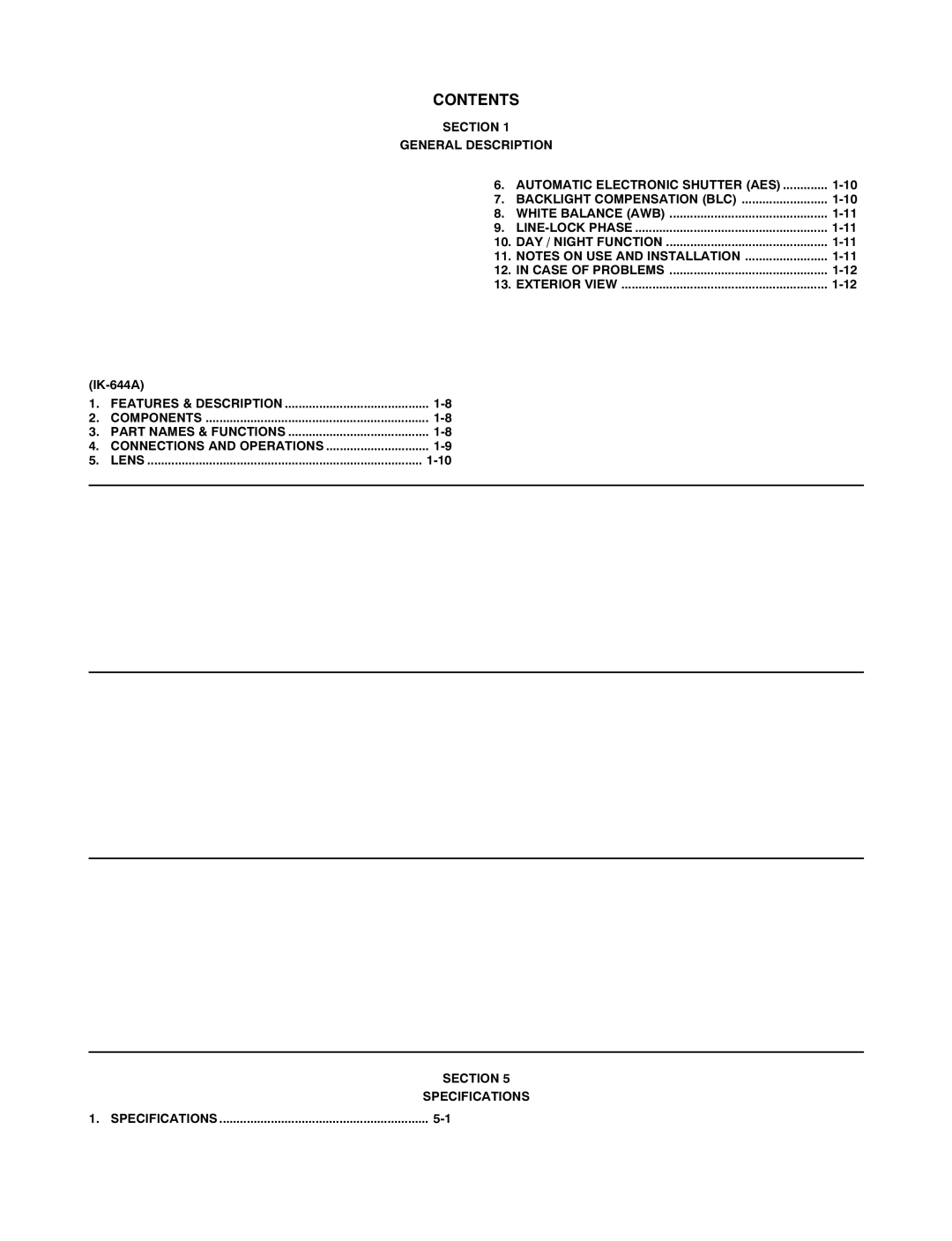 Toshiba IK-644A manual Contents 