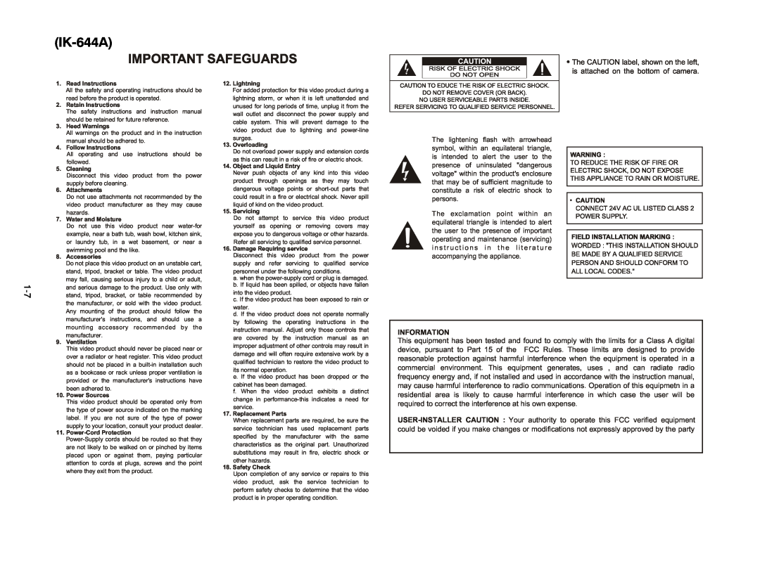 Toshiba IK-644A manual Information 