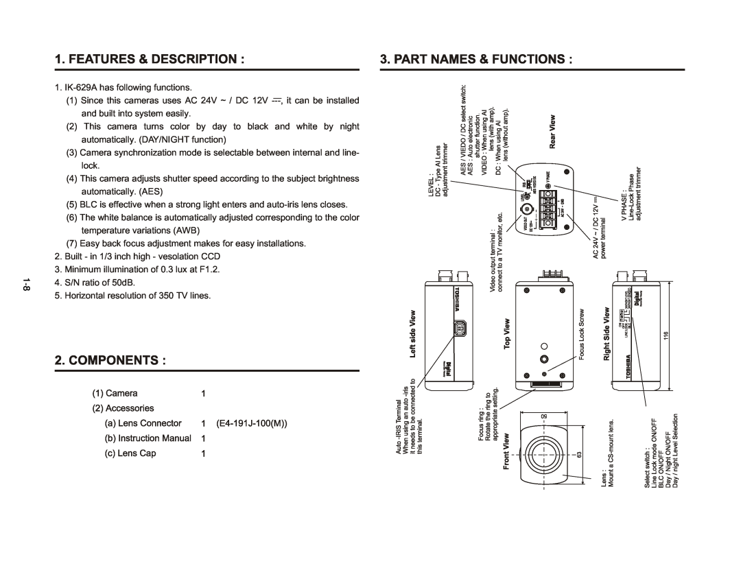 Toshiba IK-644A manual IK-629A has following functions 