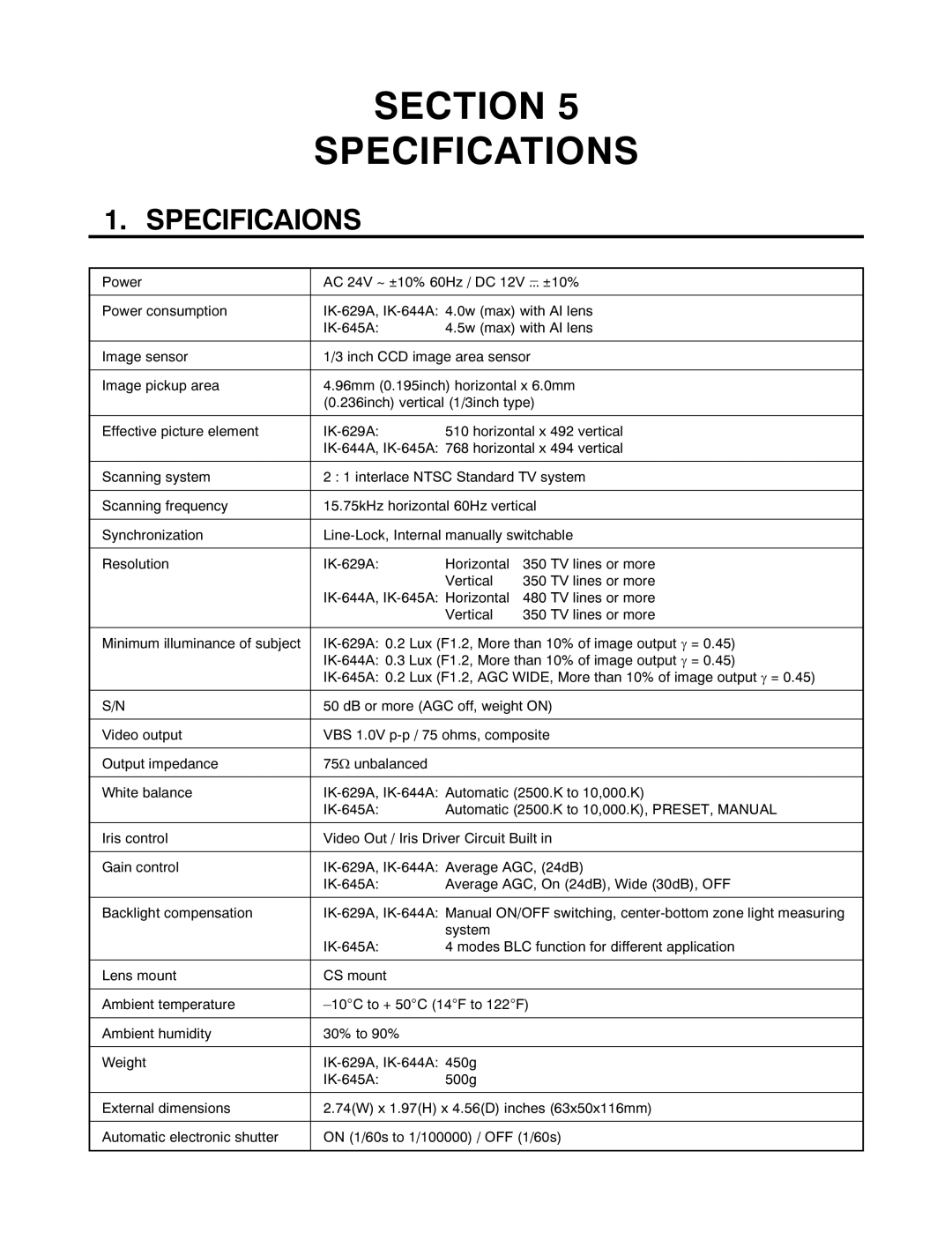 Toshiba IK-645A manual Section Specifications 