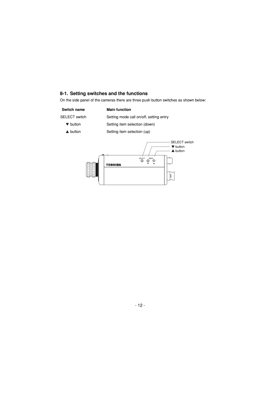 Toshiba IK-6550A instruction manual Setting switches and the functions, Main function 