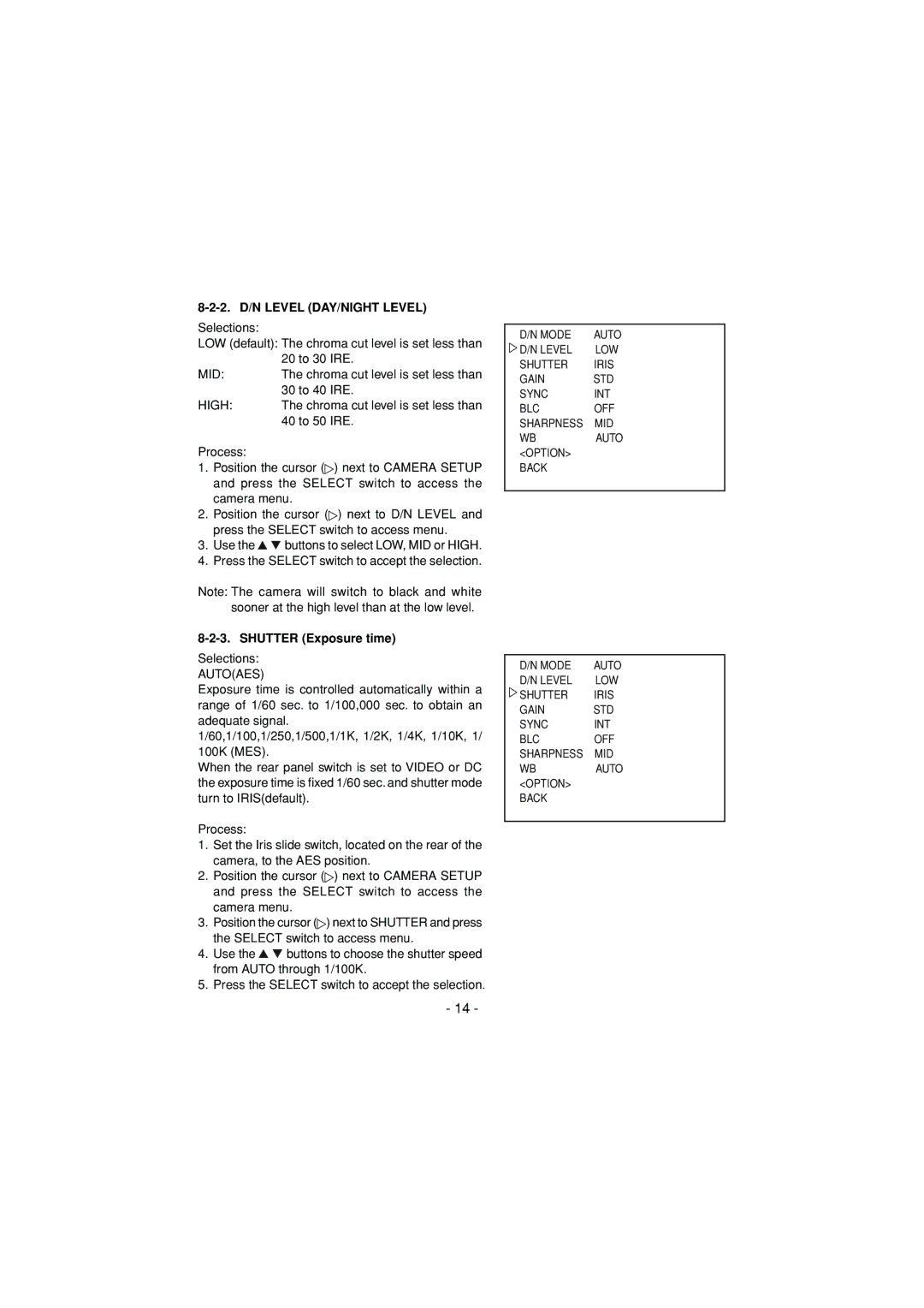 Toshiba IK-6550A instruction manual 2. D/N Level DAY/NIGHT Level, Shutter Exposure time 