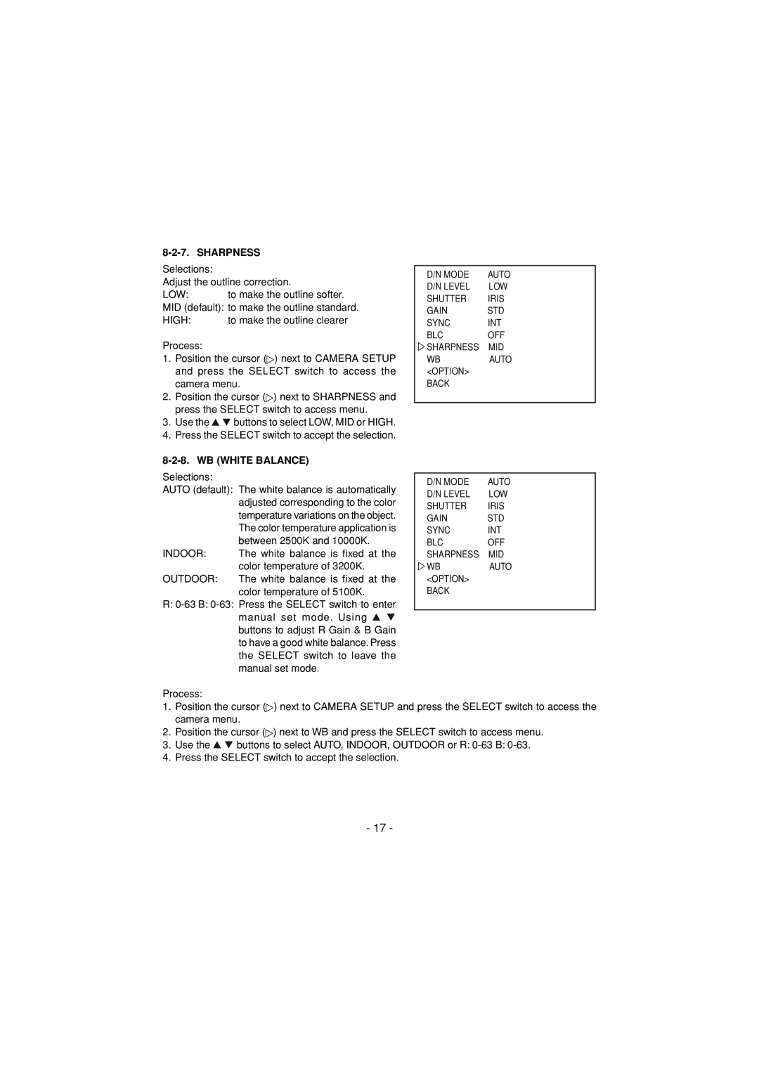 Toshiba IK-6550A instruction manual Sharpness, WB White Balance 