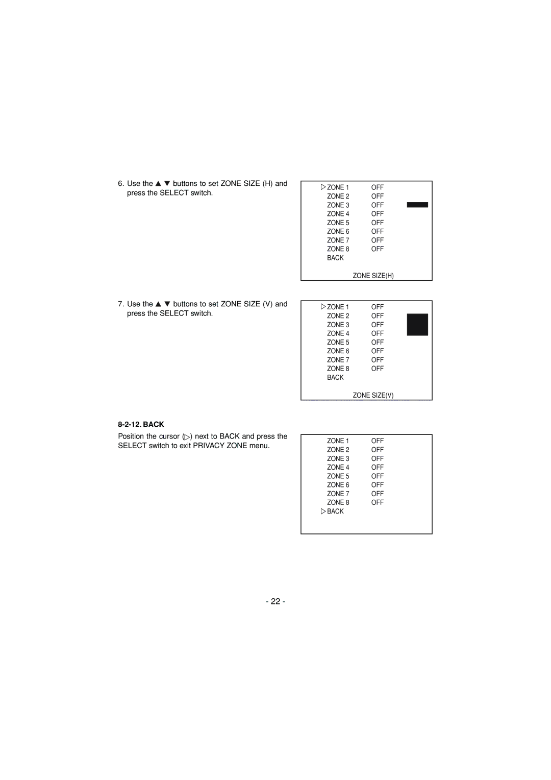 Toshiba IK-6550A instruction manual Back Zone Sizeh 