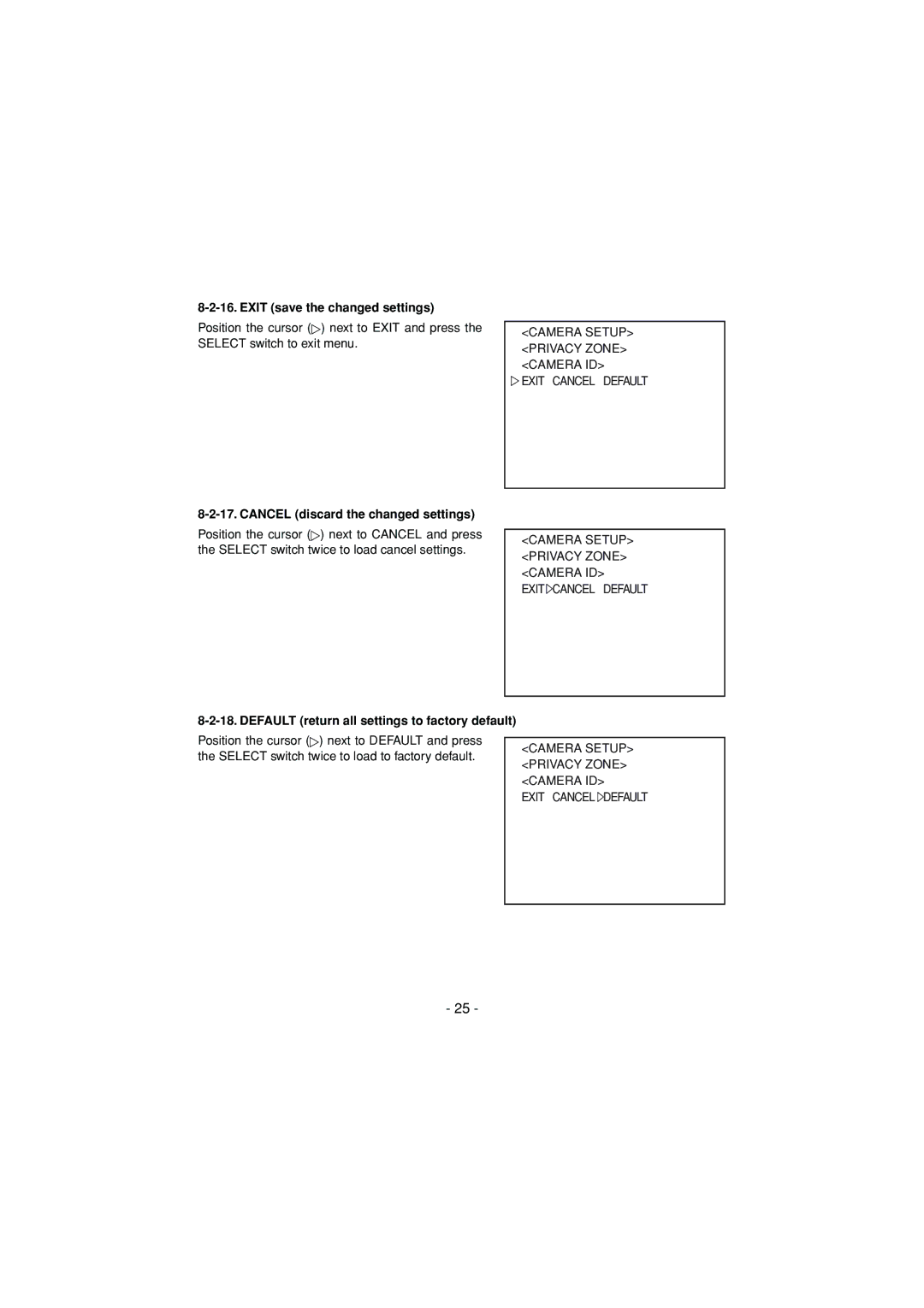 Toshiba IK-6550A instruction manual Exit save the changed settings, Cancel discard the changed settings 