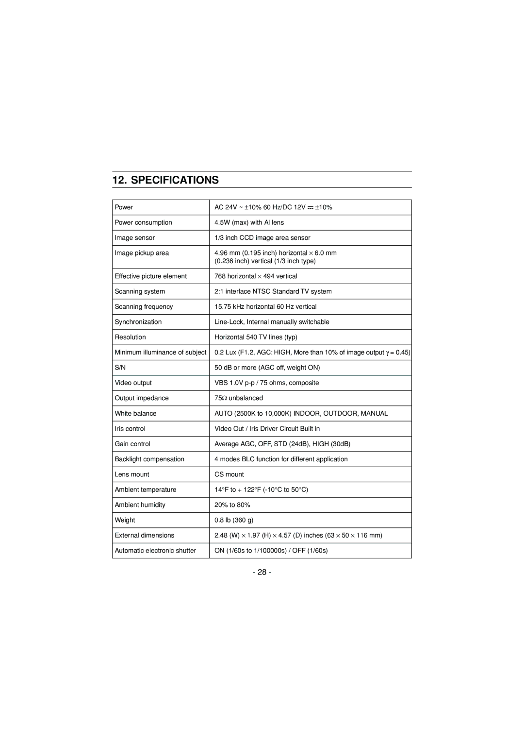 Toshiba IK-6550A instruction manual Specifications 