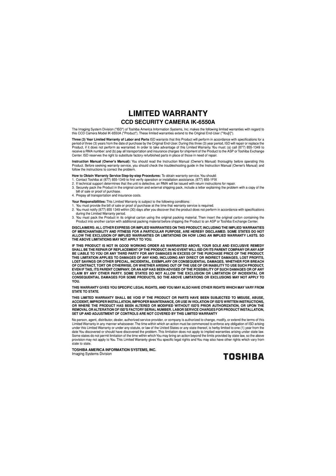 Toshiba IK-6550A instruction manual Limited Warranty 